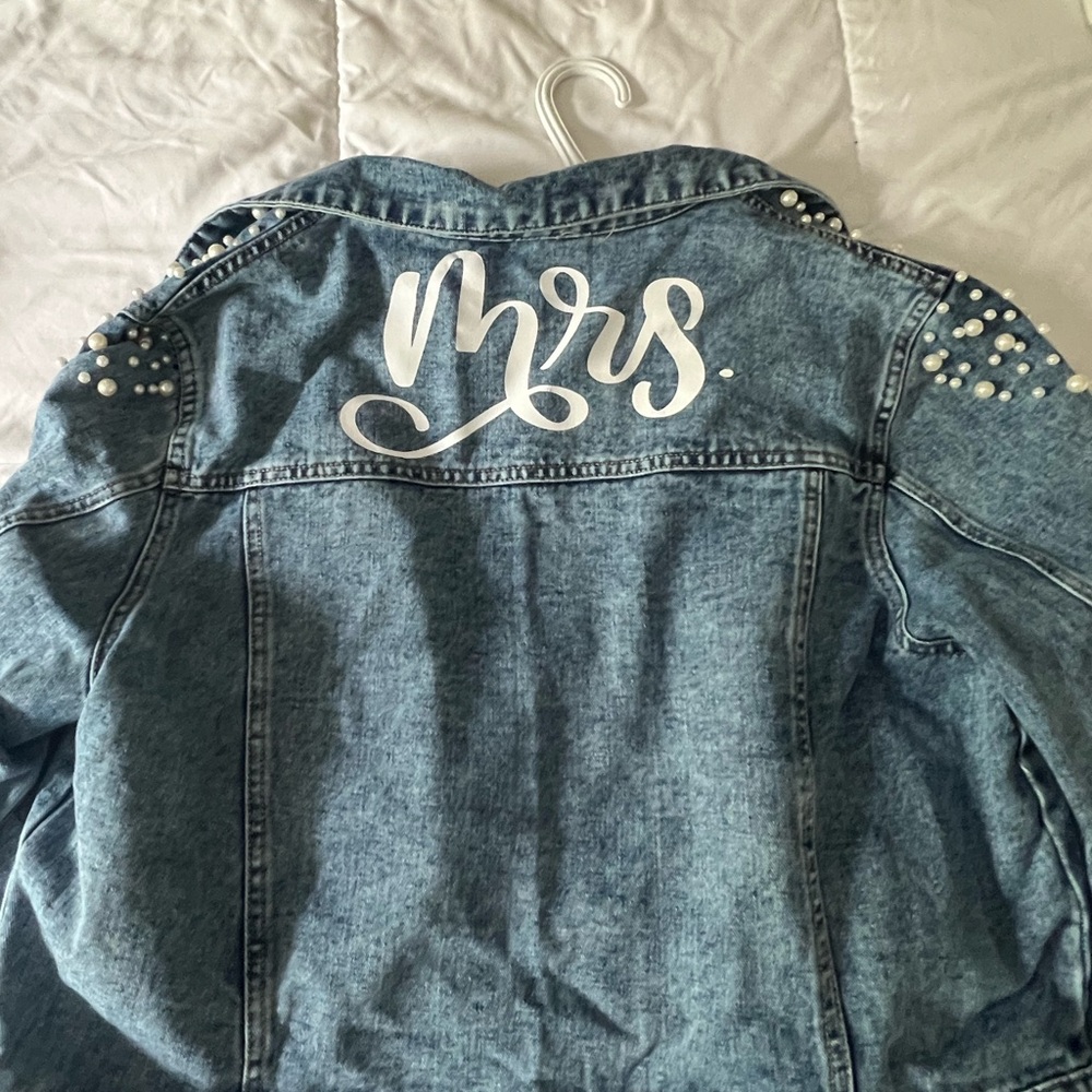 Denim Jacket with 'Mrs.' Embroidery and Studded Shoulders